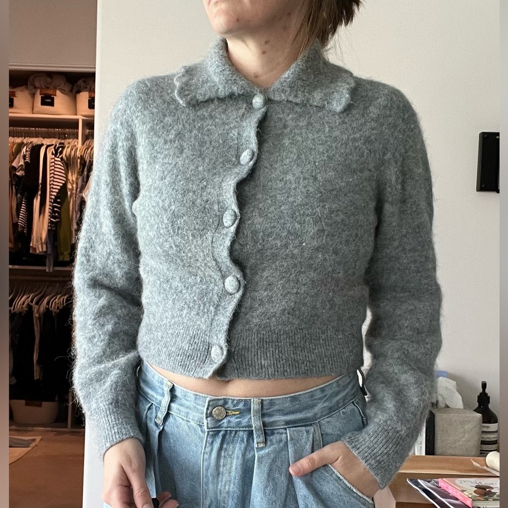 And other stories ruffle neck blue/grey cardigan size Small